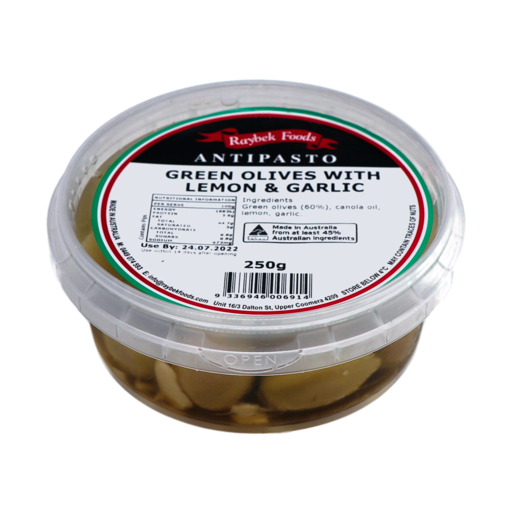 Green Olives with Lemon & Garlic 250g (Raybek Foods) Butcher Baker Grocer