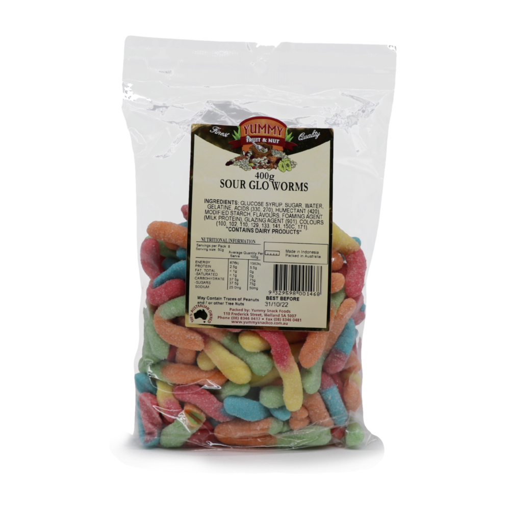 Sour Glo Worms 400g (Yummy Fruit & Nut) Butcher Baker Grocer