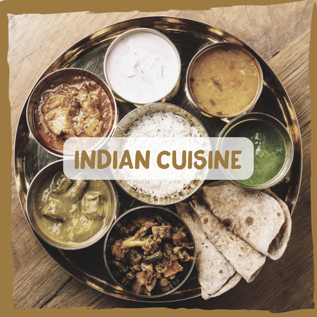 Smorgasbord of Indian dishes including curries, roti, chutney & raita